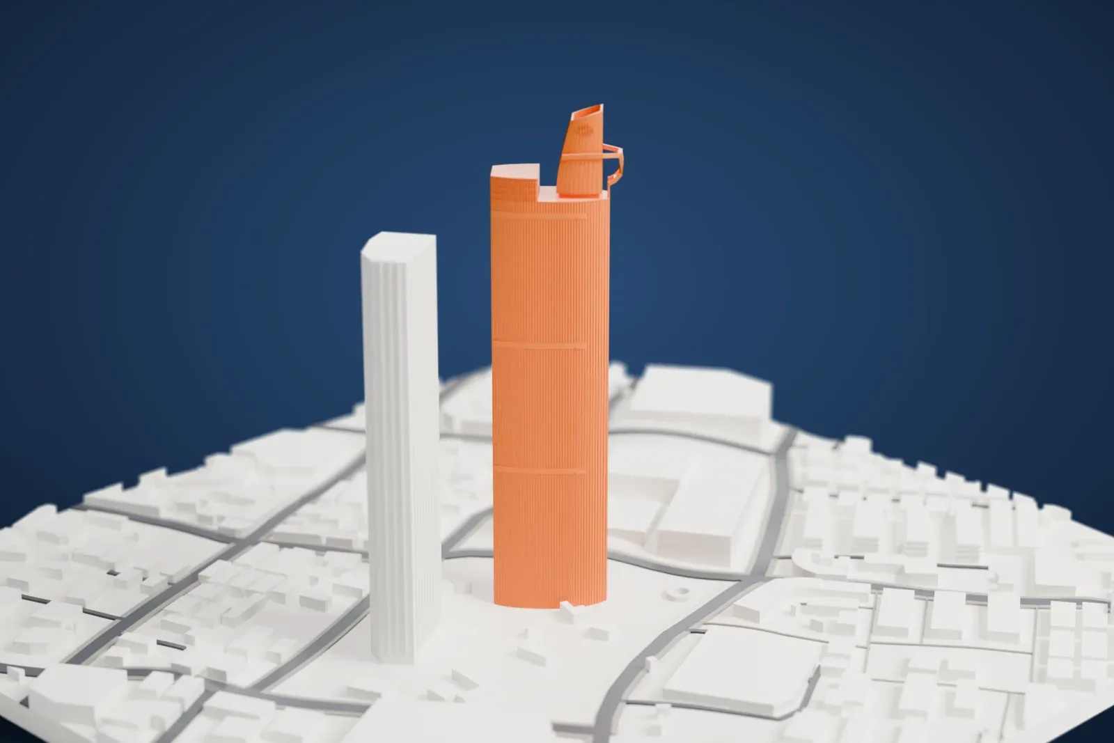A white 3D print of Plaza 66, a tall slender tower with a slanted crown, rising above dense surrounding streets and lower buildings.