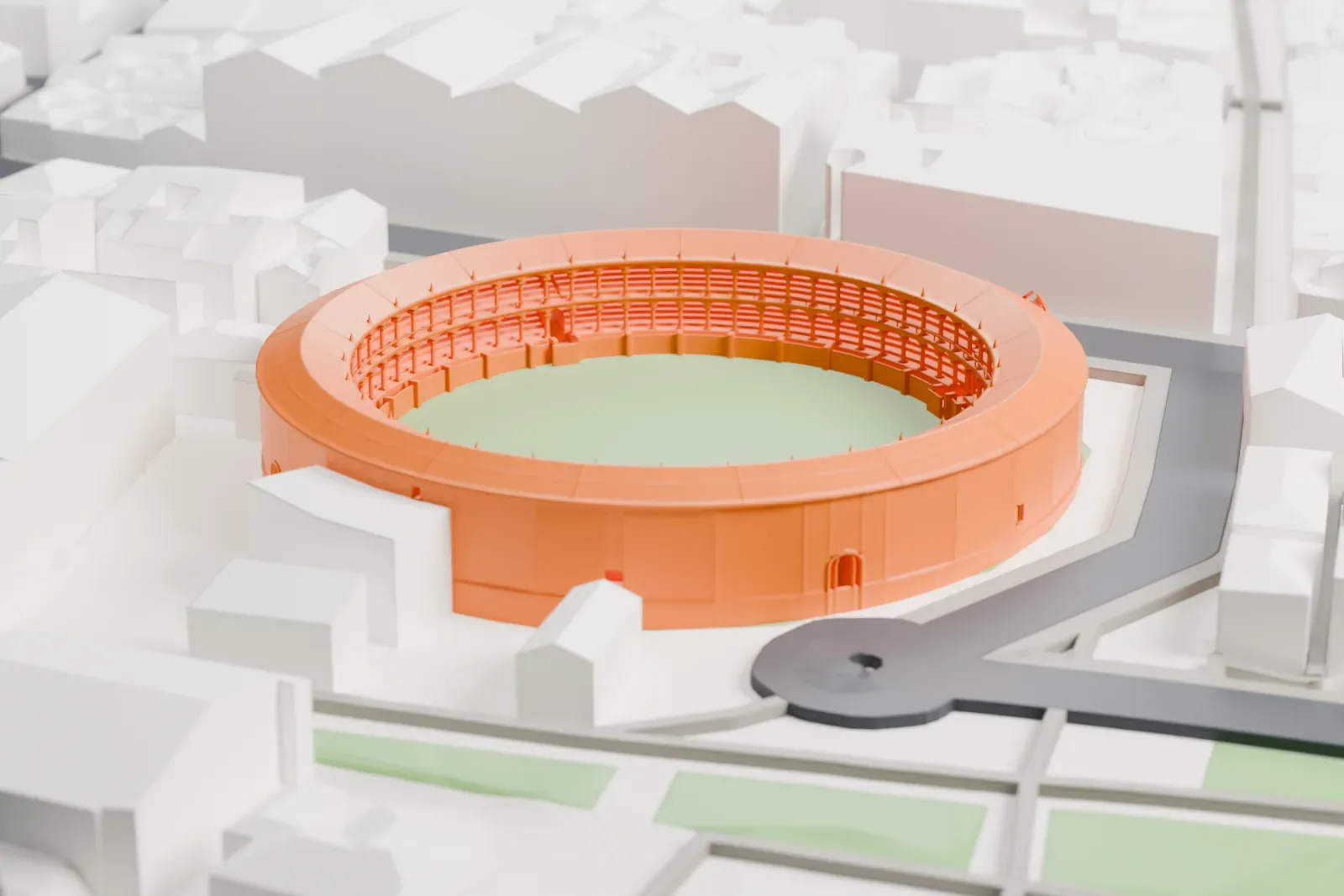 A white 3D print of the Plaza de Toros de Ronda, a circular stone bullring with two arcaded tiers and a tiled ring roof, set among the surrounding streets and buildings of Ronda.