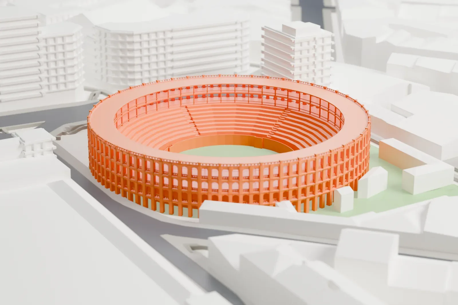 A white 3D print of the Plaza de Toros de Valencia, a round arena ringed with arches and tiered seating, surrounded by dense buildings and streets.