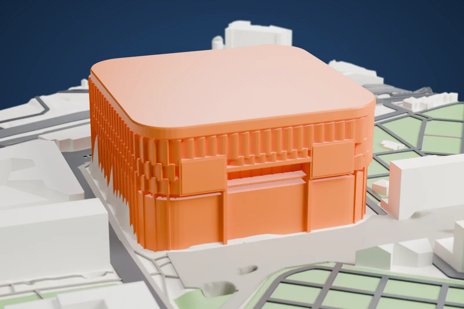 A white 3D print of Plenitude Arena, a broad indoor arena with a rounded roof and ribbed walls, among the streets and buildings of Nanterre.