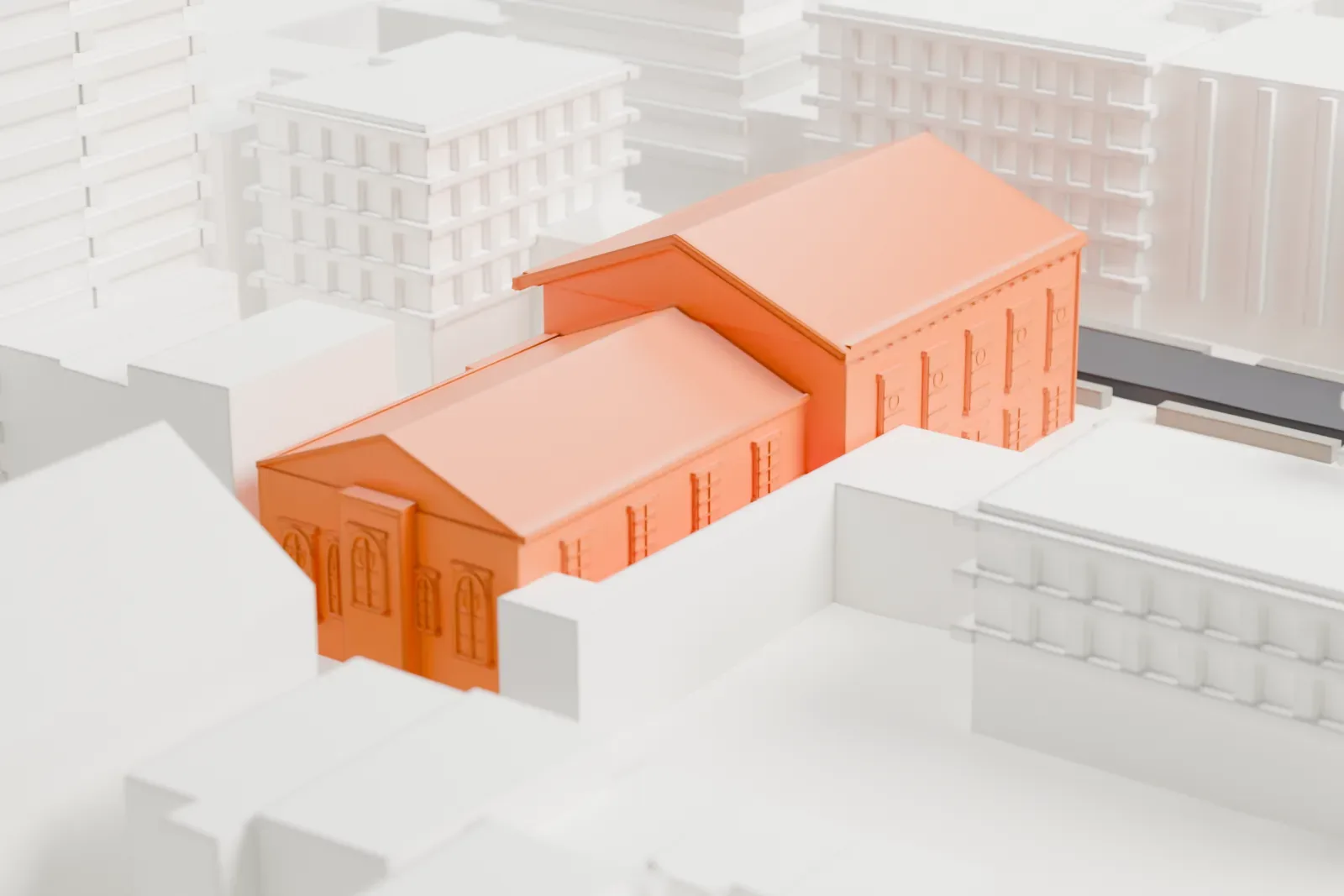 A white 3D print of Plymouth Church, a long gable-roofed building with a lower wing, surrounded by closely packed buildings and narrow streets.