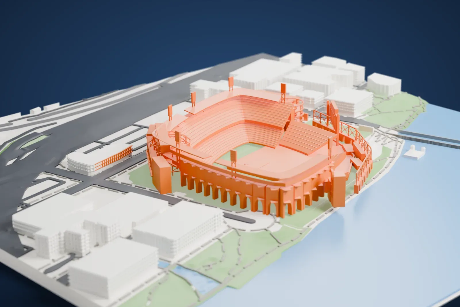 A white 3D print of PNC Park, a ballpark with a row of arches along its outer wall, tall light towers and an open steel truss on the riverside, beside a river with a bridge and city buildings.