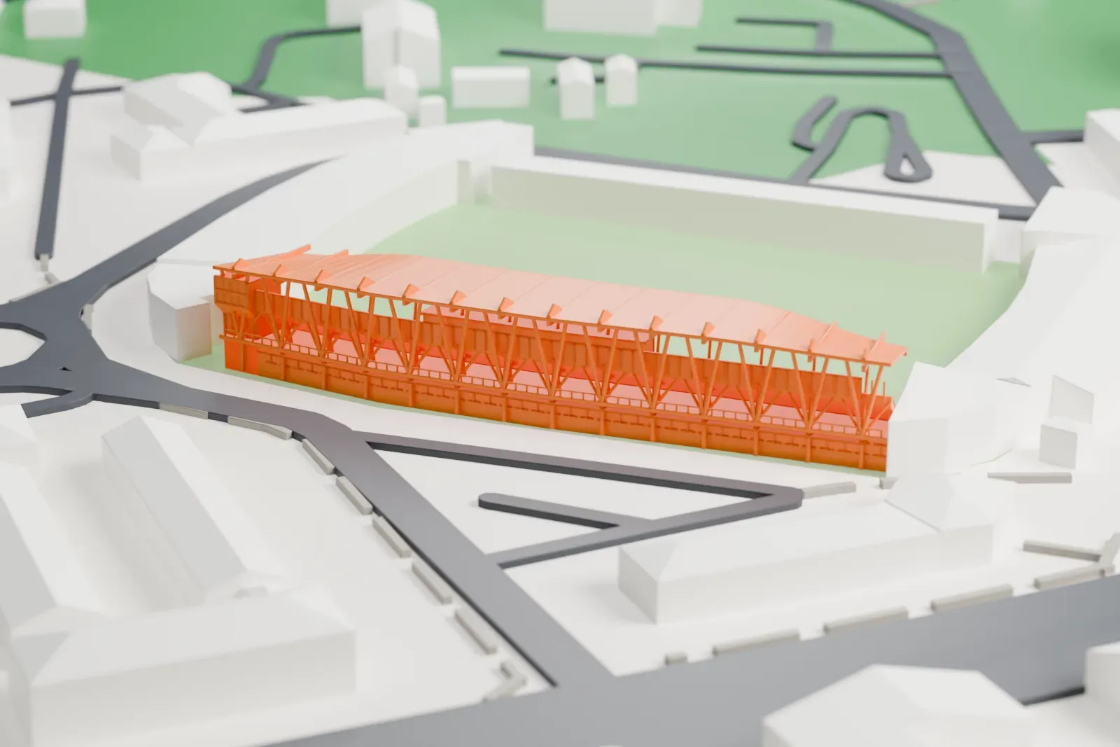 A white 3D print of the Podgorica City Stadium grandstand, a long single tier of seats under a gently curved cantilever roof with struts along its back edge, on a base of surrounding streets and buildings.