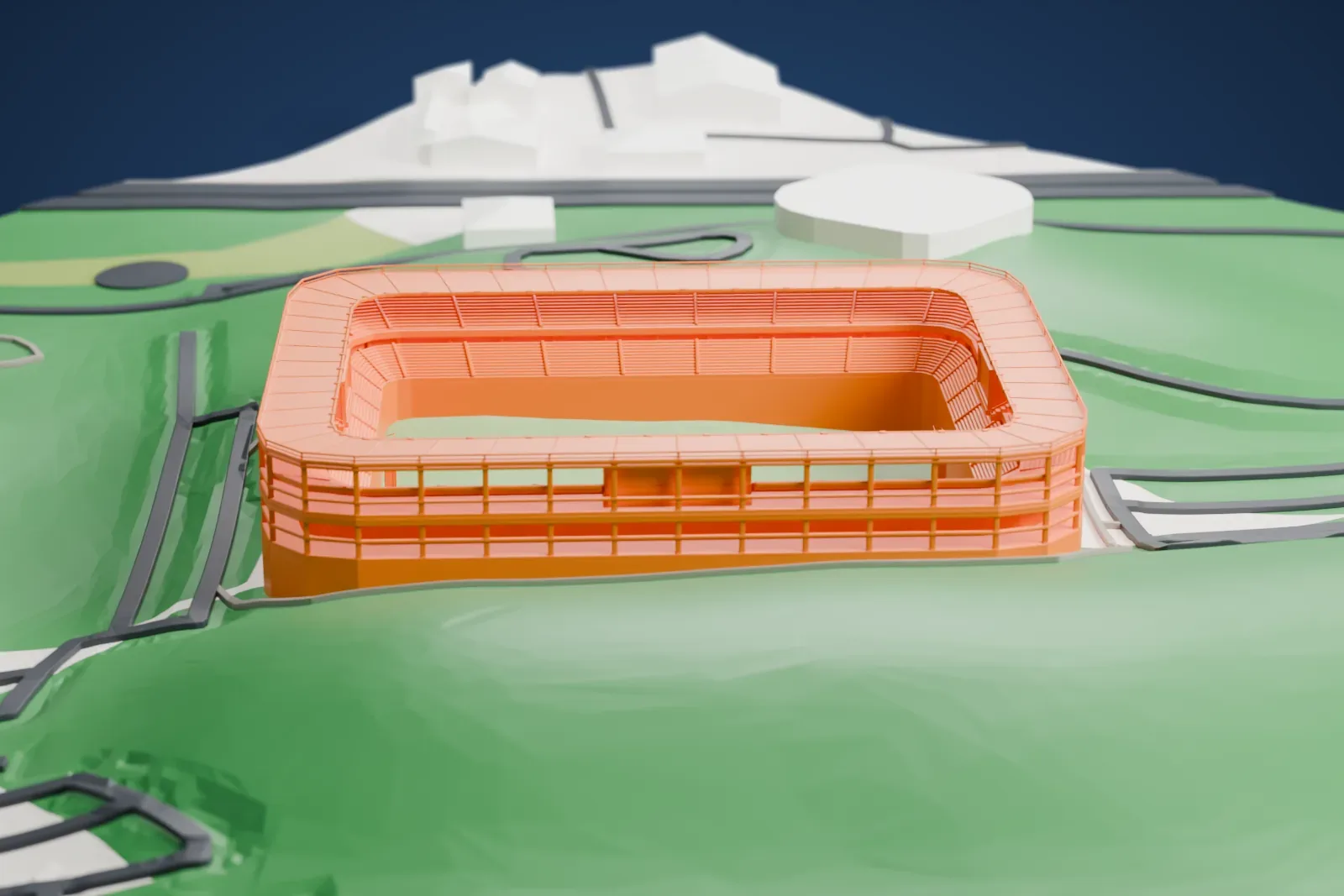 A white 3D print of the Pohang Steel Yard, a low roofed stadium with rounded corners, surrounded by roads and green hillside.