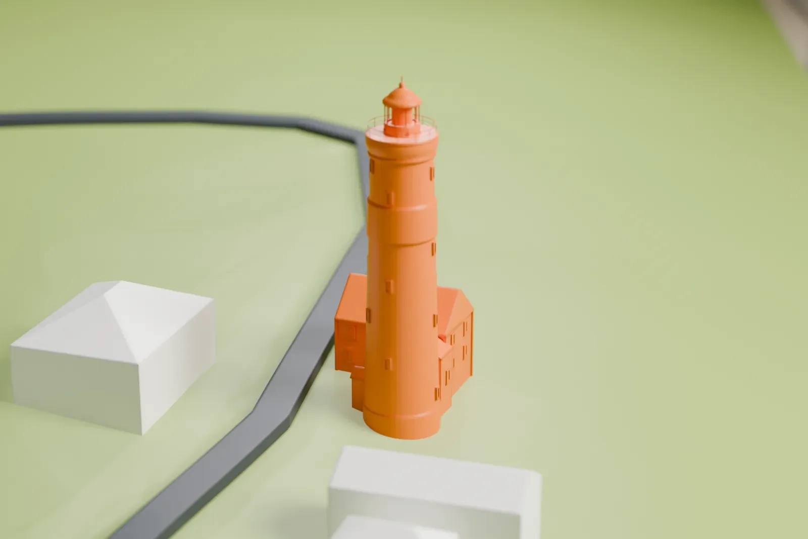 A white 3D print of the Point Amour Lighthouse with its surroundings.