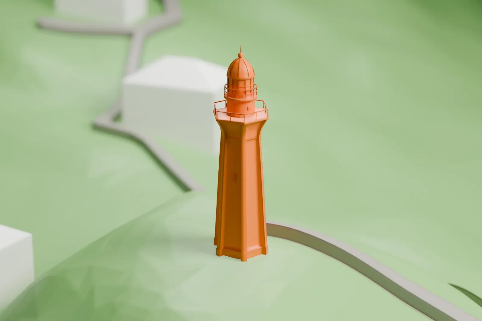 A white 3D print of the Point Atkinson Lighthouse with its surroundings.