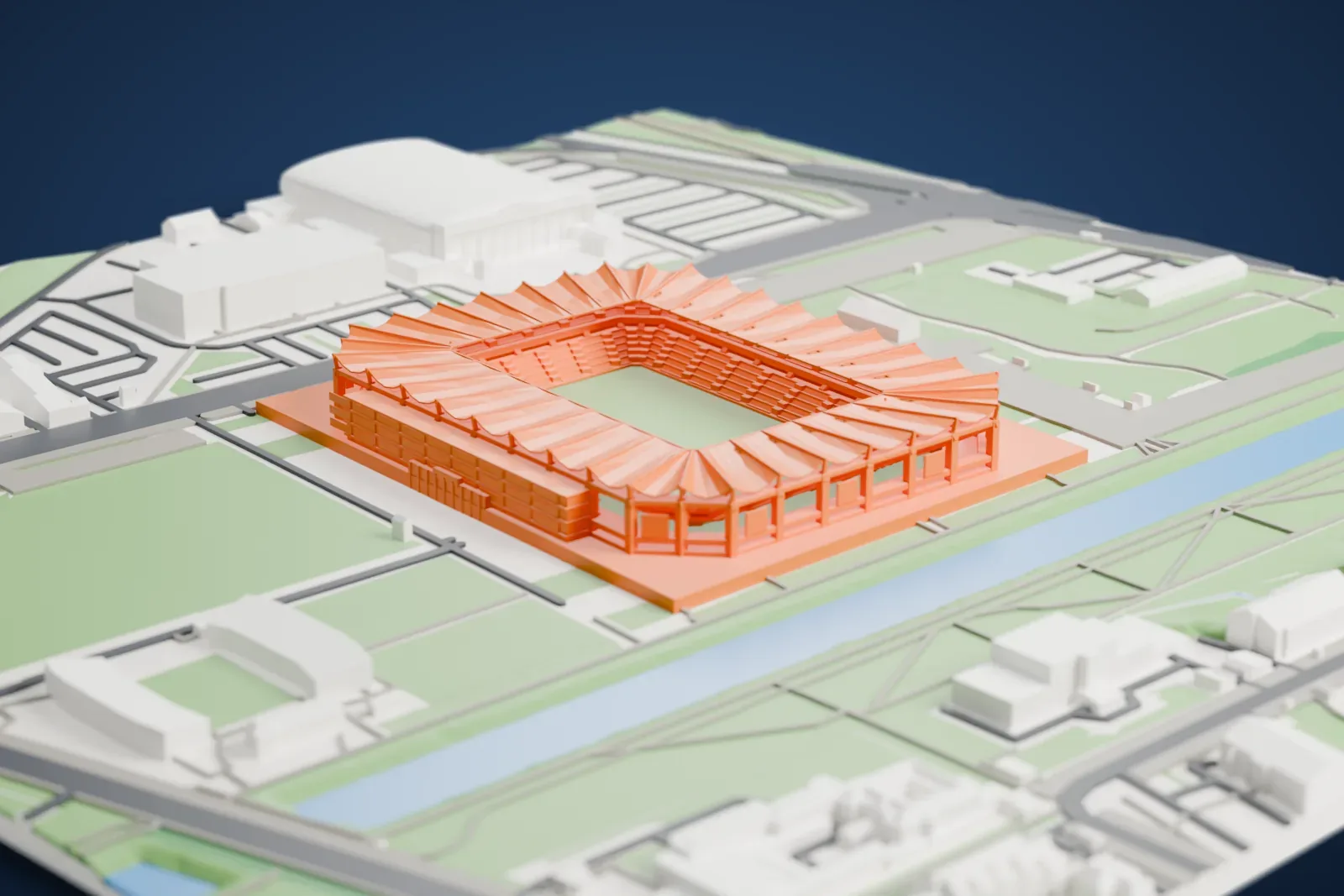 A white 3D print of the Polish Army Stadium lying low and wide among the surrounding streets and buildings of the city.
