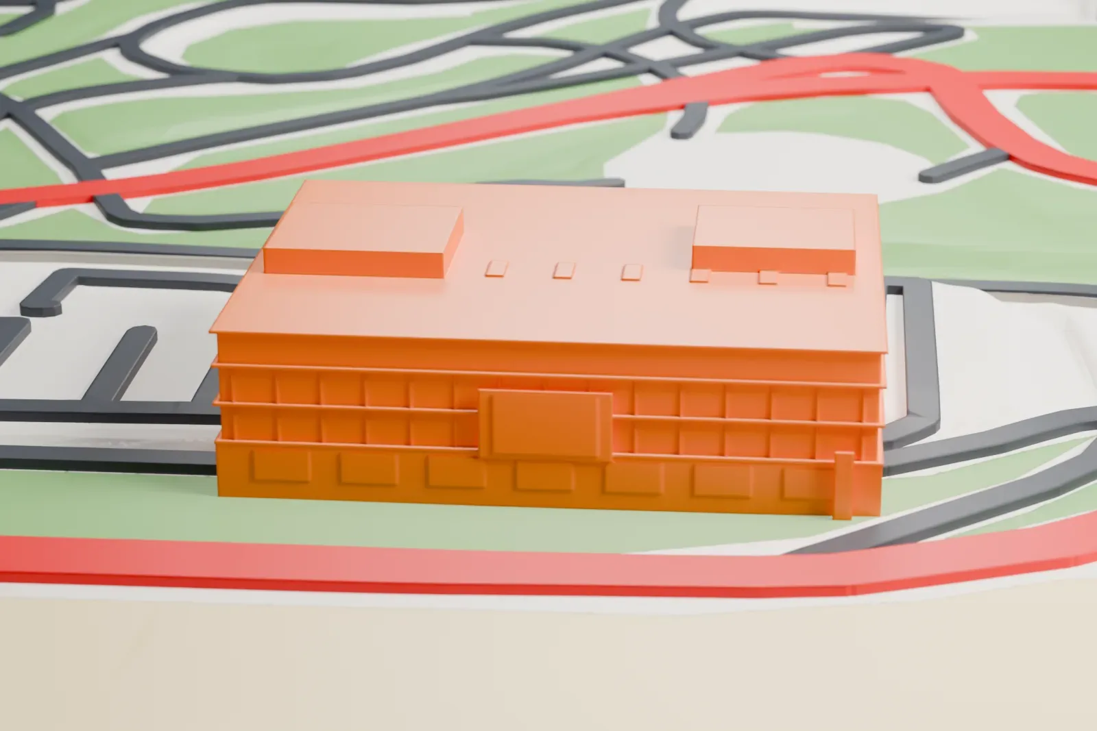 A white 3D print of the Porsche Experience Center Hockenheimring, a three-story building among surrounding streets and buildings.