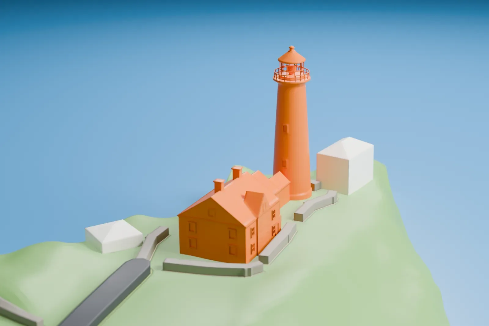 A white 3D print of Portland Head Light, a tall tapering lighthouse with a railed lantern room beside a long house with chimneys, on a grassy headland surrounded by water.