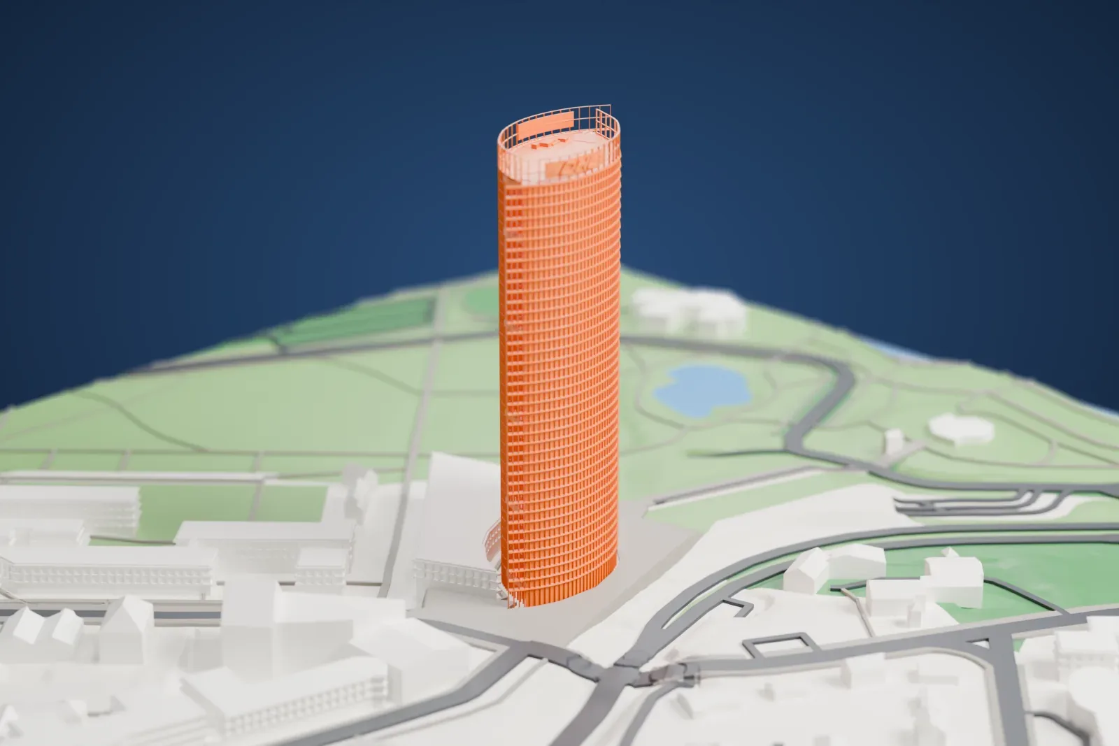 A white 3D print of the Post Tower, with its two curved wings and open crown, standing among city buildings.