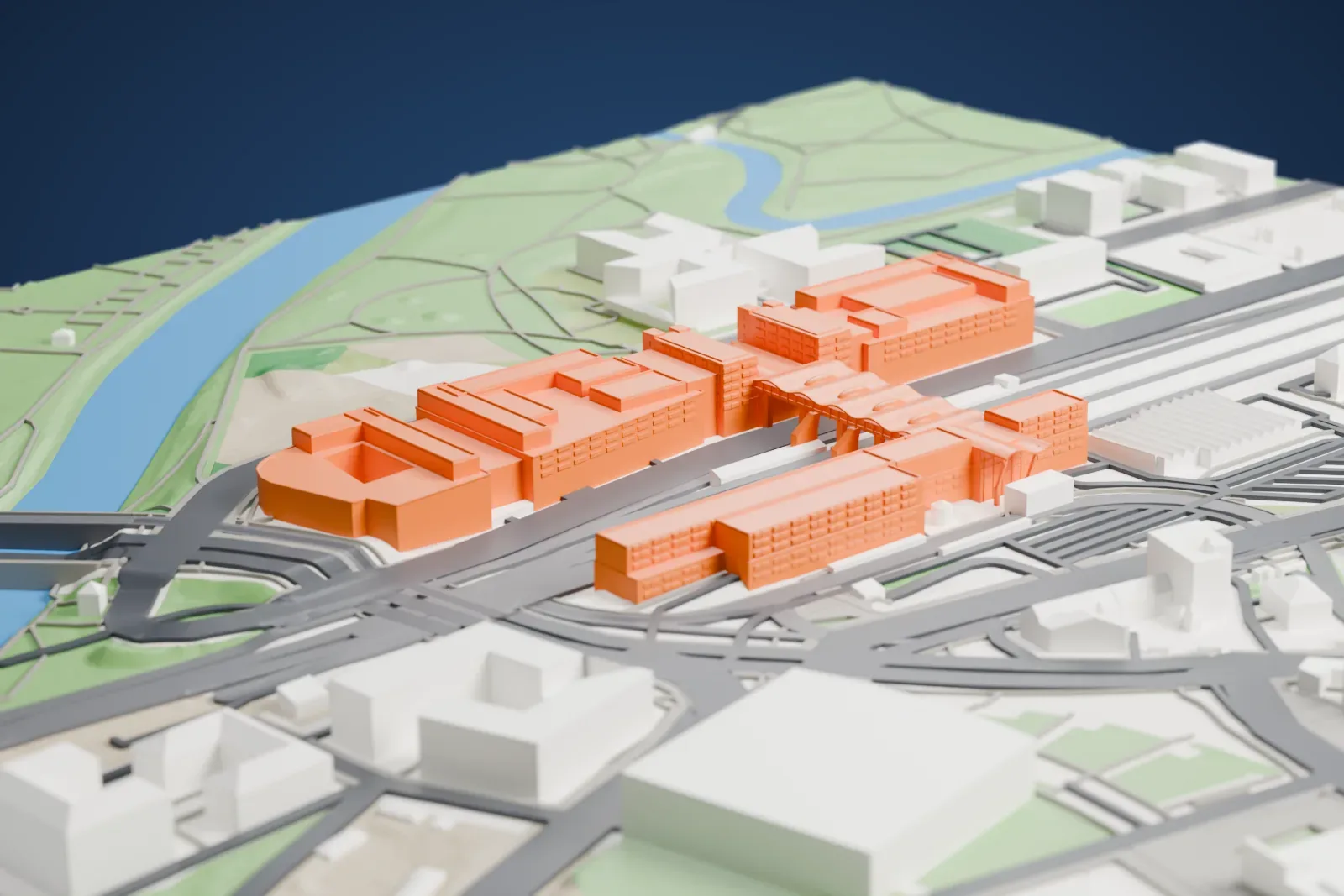 A white 3D print of Potsdam Hauptbahnhof, with its forecourt and the surrounding streets and buildings.