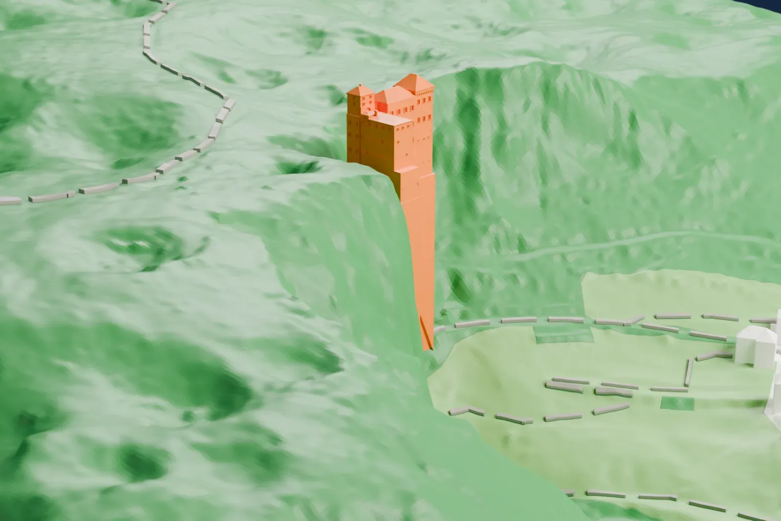 A white 3D print of Predjama Castle, a tall castle block with small pointed roofs standing high on a steep green hillside above a valley.