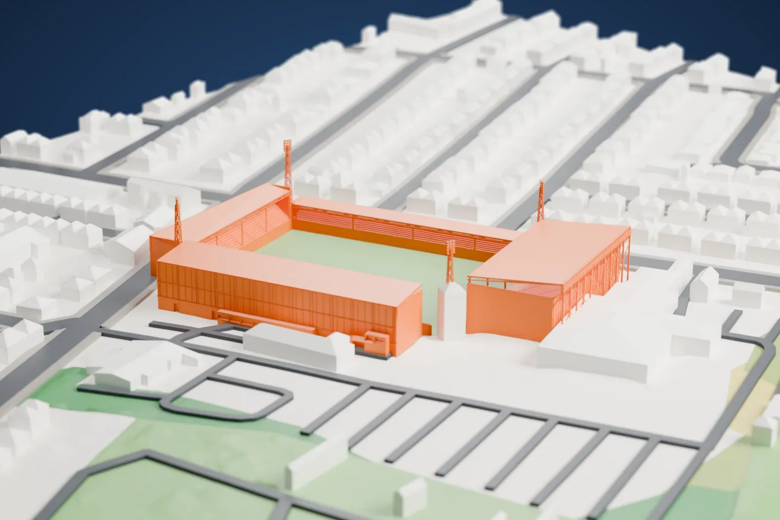 A white 3D print of Prenton Park in Birkenhead, with surrounding streets and buildings.