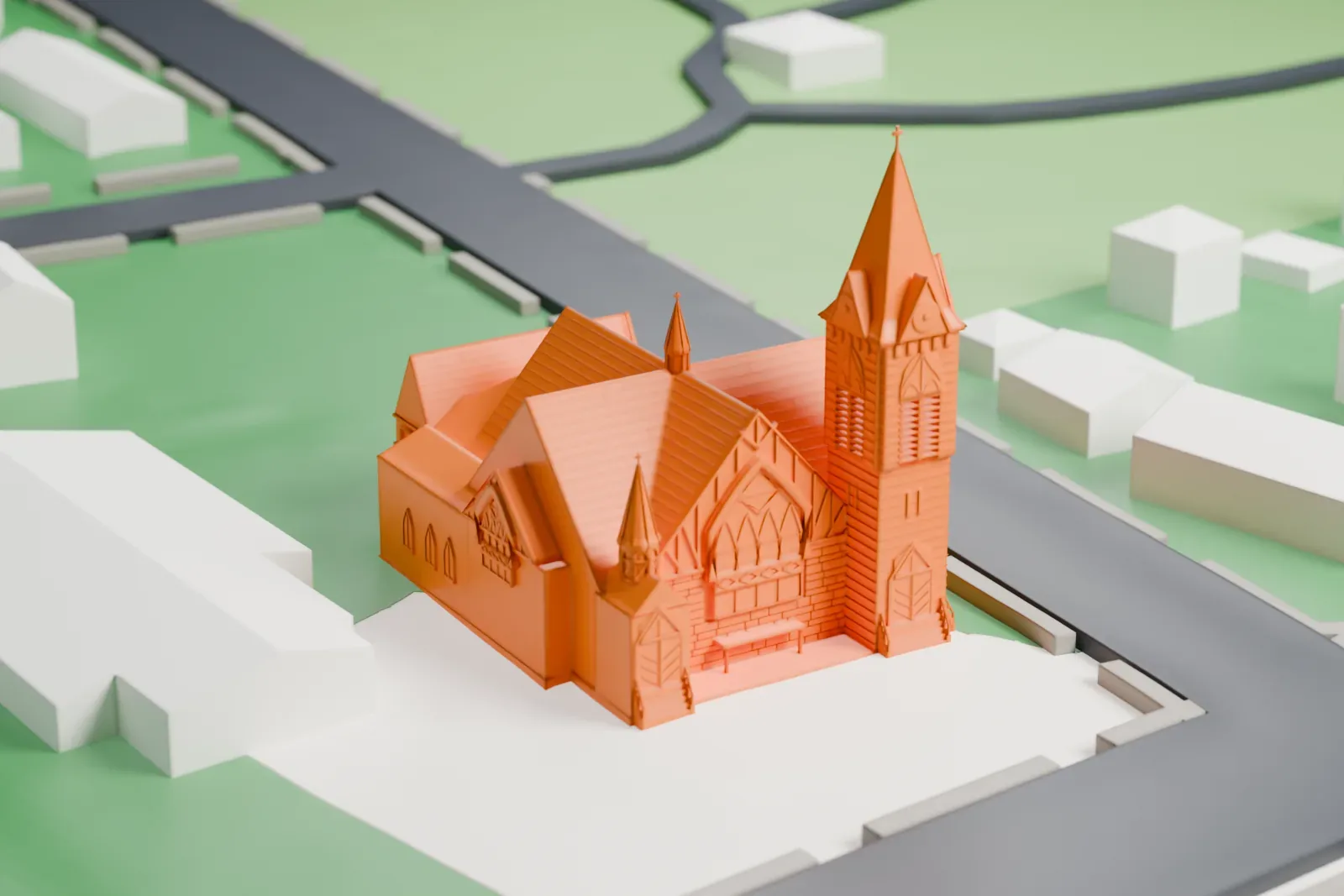 A white 3D print of the Presbyterian Church at Bound Brook, a steep-roofed church with a tall pointed tower and small spires, on a street corner with lawns and houses around it.