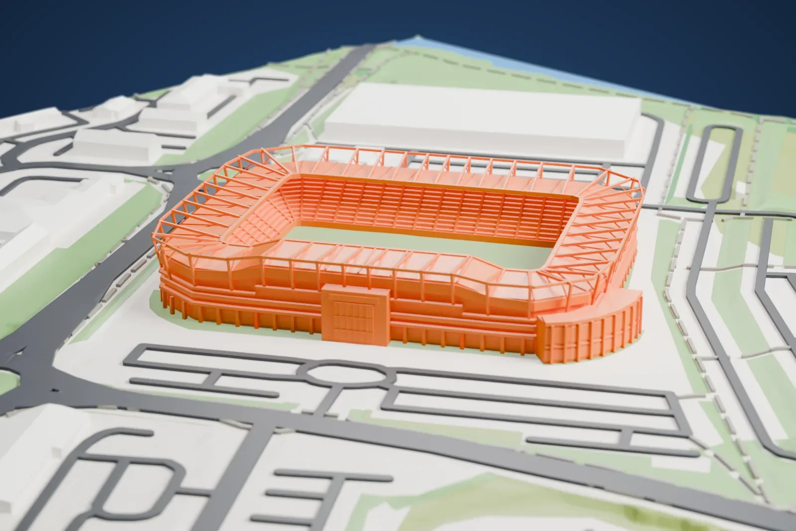 A white 3D print of Pride Park Stadium, a closed bowl with rounded corners under a level roof ring, white frames raking outward past the roof edge all round, among the streets and buildings around it.
