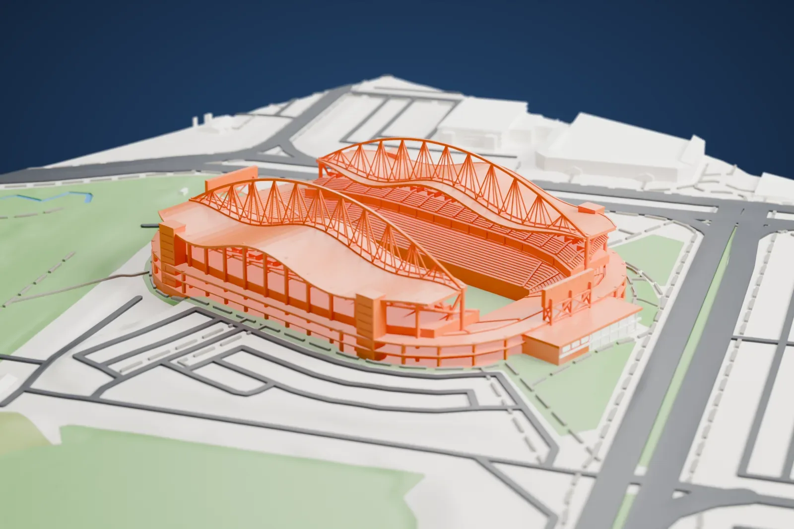 A white 3D print of Princess Auto Stadium, an open-ended bowl with two large curved roof canopies over the sideline stands, set among roads and green space.