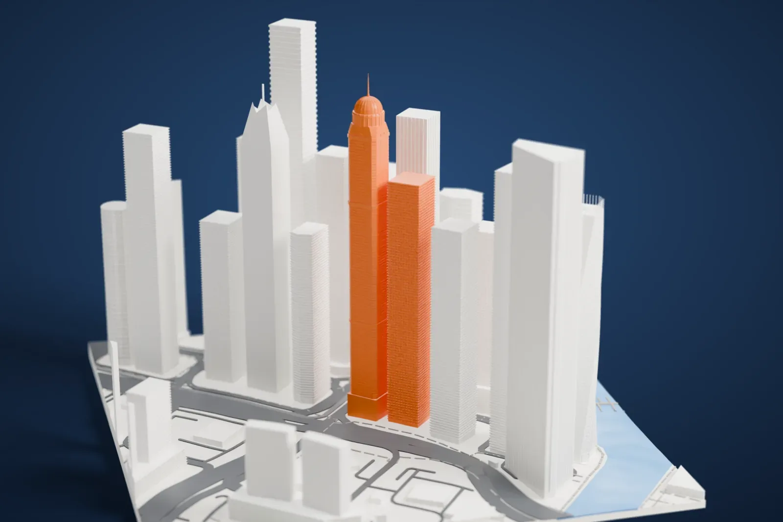 A white 3D print of Princess Tower, a very tall slim tower with a ribbed domed crown and a thin spire, rising among neighboring skyscrapers and roads.