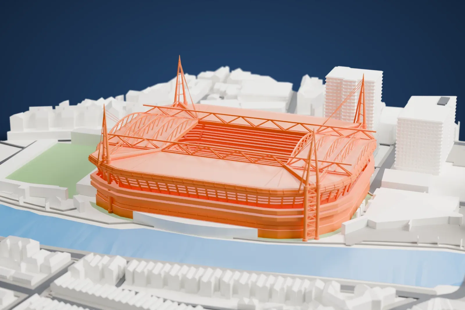A white 3D print of the Principality Stadium, a large stadium, among the surrounding streets and buildings.
