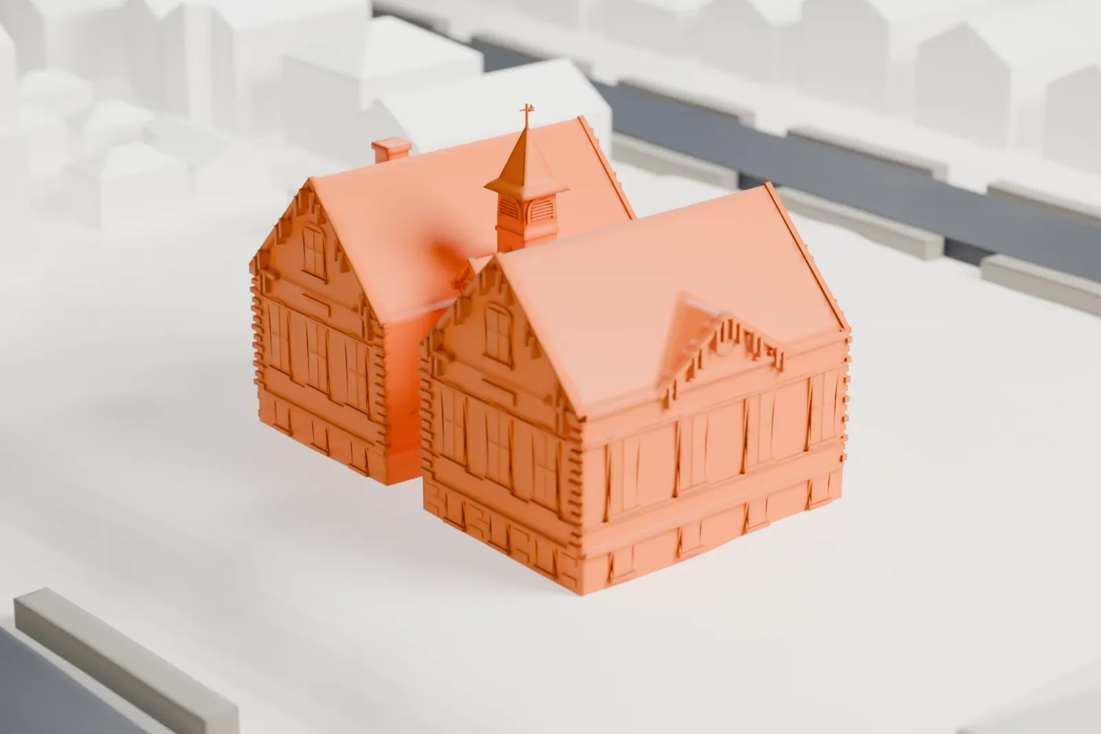 A white 3D print of Public School 15, an H-shaped brick building with two steep gabled wings and a small bell tower between them, on open ground beside a street.