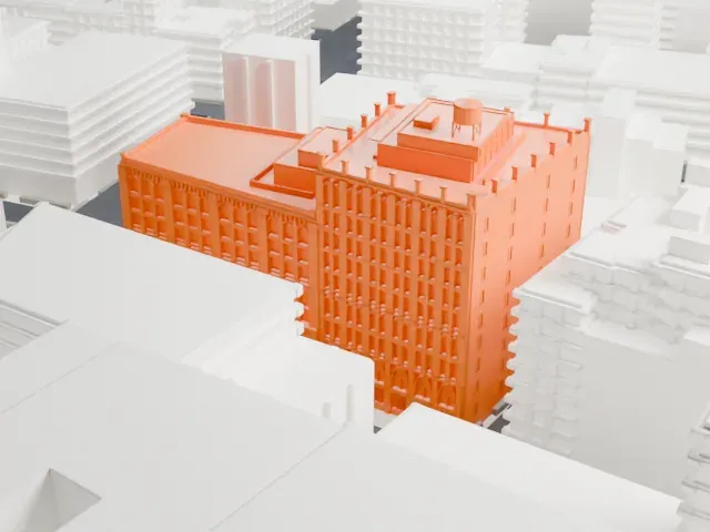 Puck Building model, West view