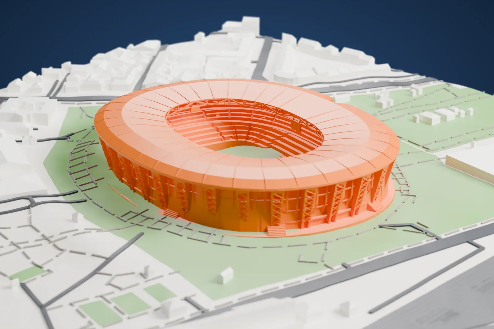 A white 3D print of Puskás Aréna, an oval stadium with a wide ring-shaped roof and thin frames around its outer wall, surrounded by green parkland and low buildings.