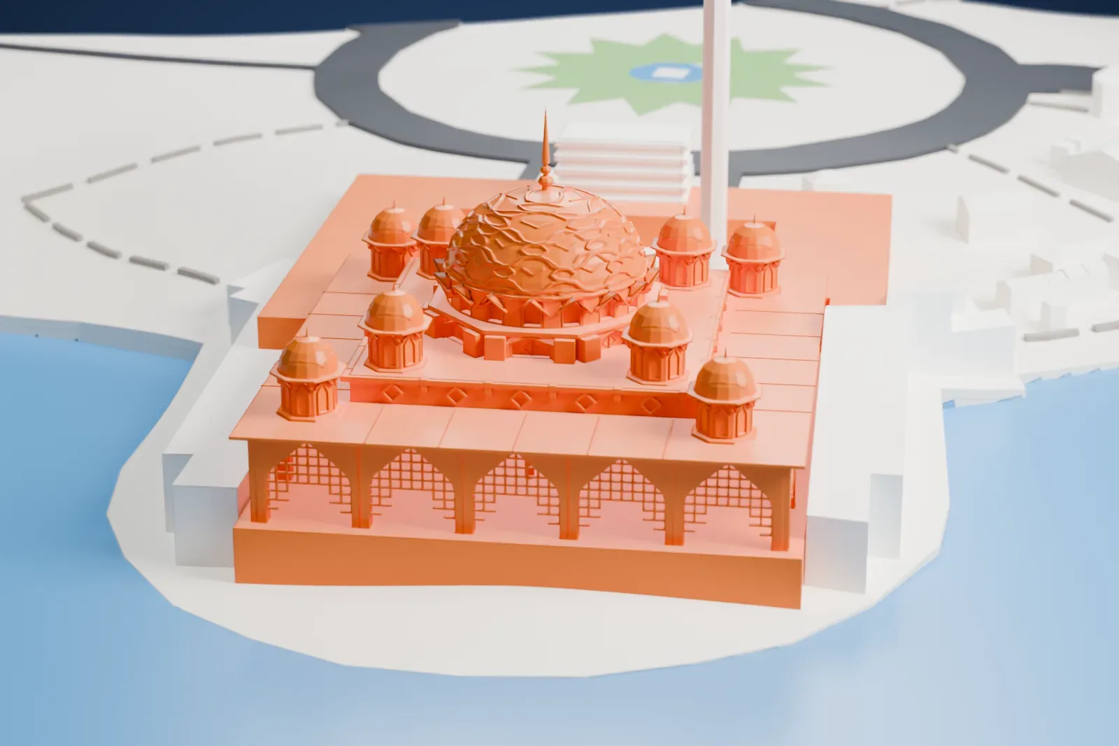 A white 3D print of the Putra Mosque, a square building with a large patterned dome, a thin spire and small domes around it, on a point of land surrounded by water on several sides.