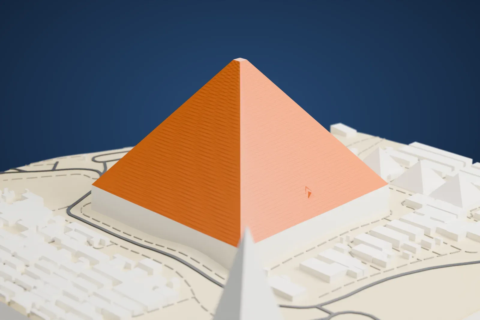 A white 3D print of the largest Giza pyramid, a smooth four-sided pyramid with a flat top, standing on sandy desert ground with smaller pyramids and rows of low blocks around it.
