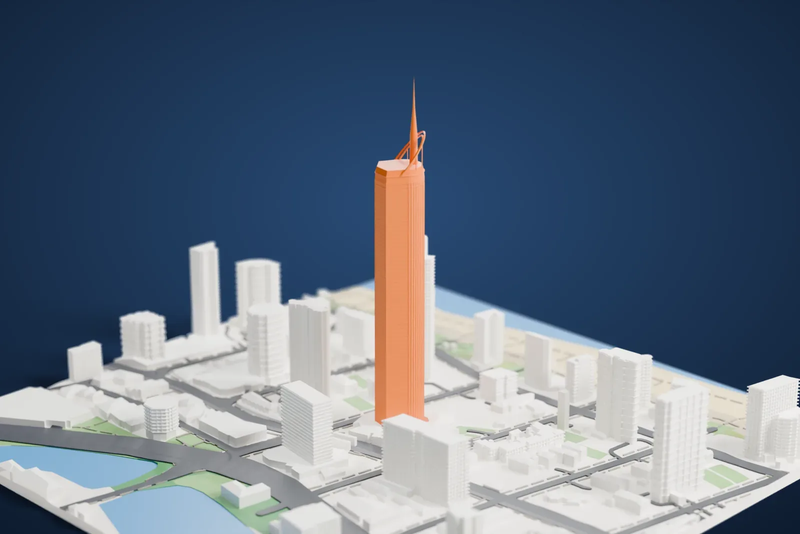 A white 3D print of Q1 Tower, a very tall slender tower with a thin spire and curved arcs at its top, rising among smaller towers, streets, water and a sandy strip of beach.