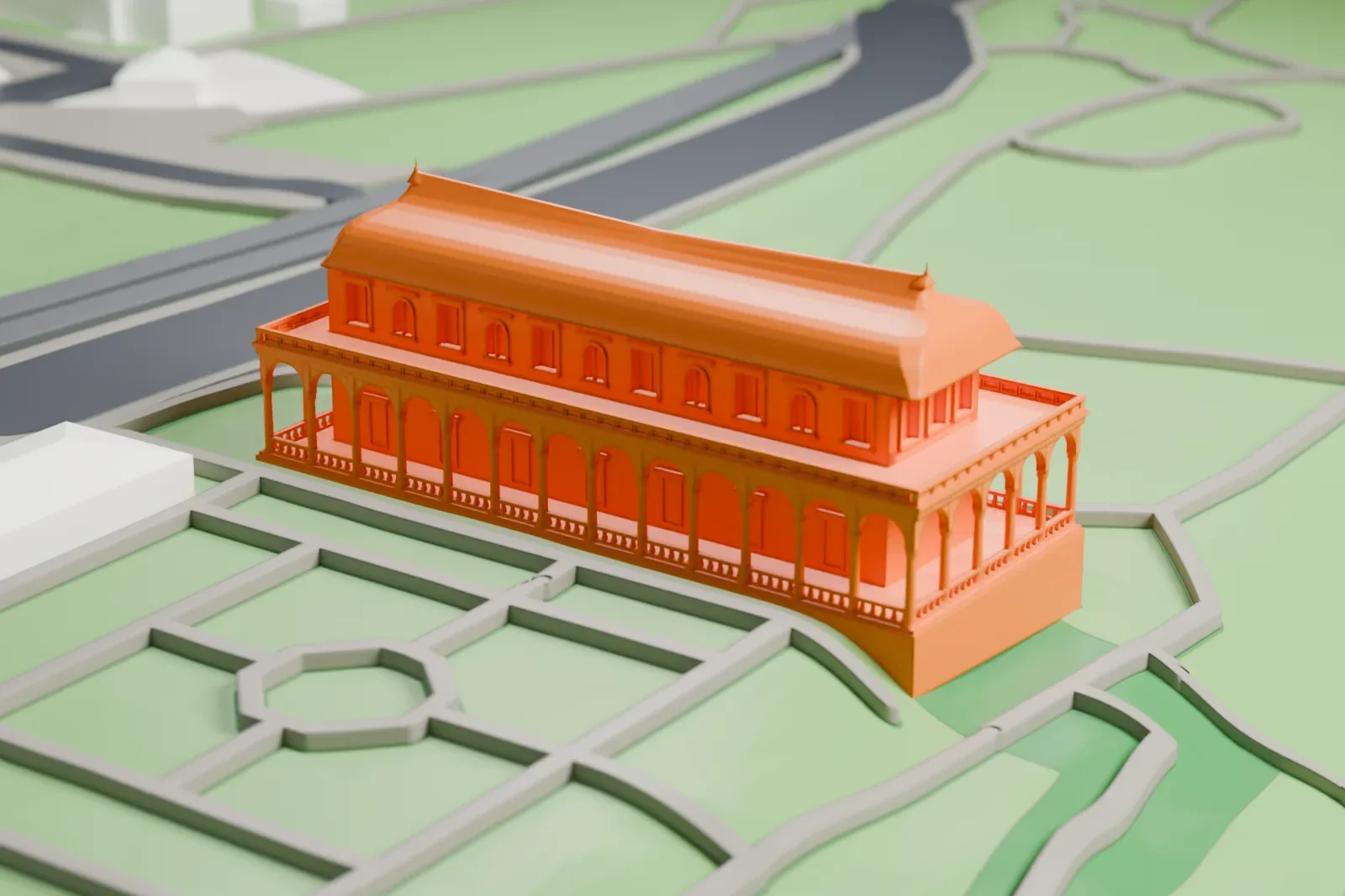 A white 3D print of Queen Anne's Summer Palace with its arcade gallery, standing in the Royal Garden of Prague Castle.