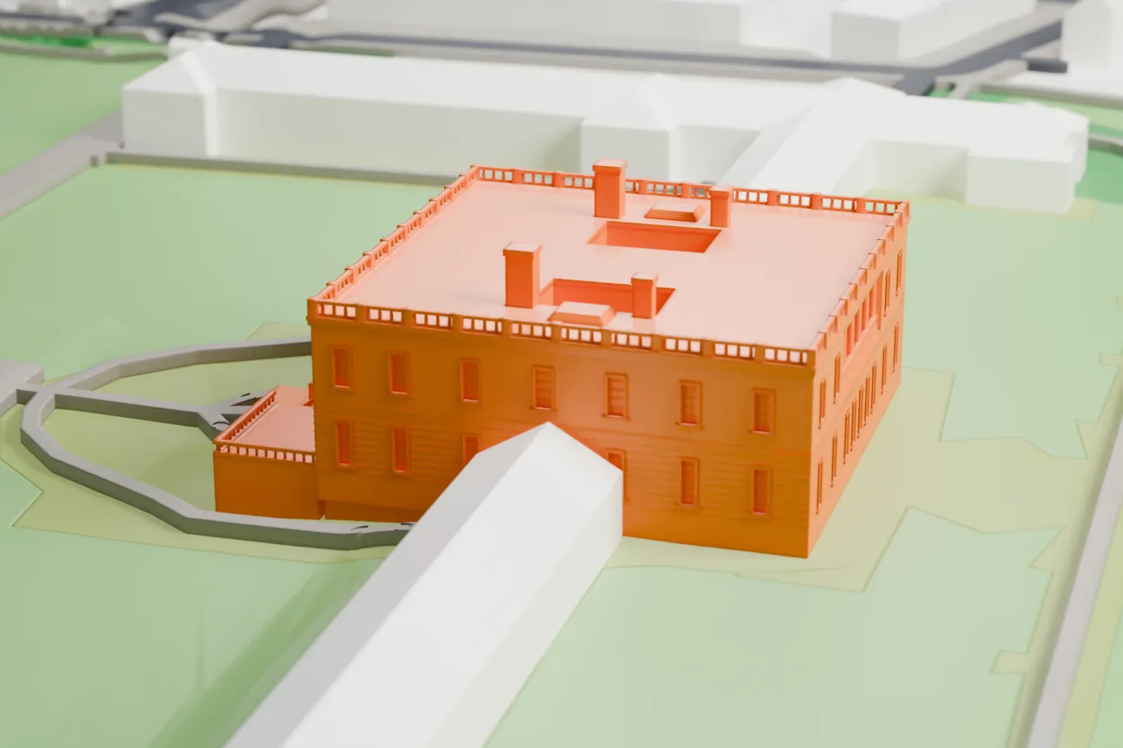 A white 3D print of the Queen's House, a small house standing among the surrounding buildings of Greenwich.