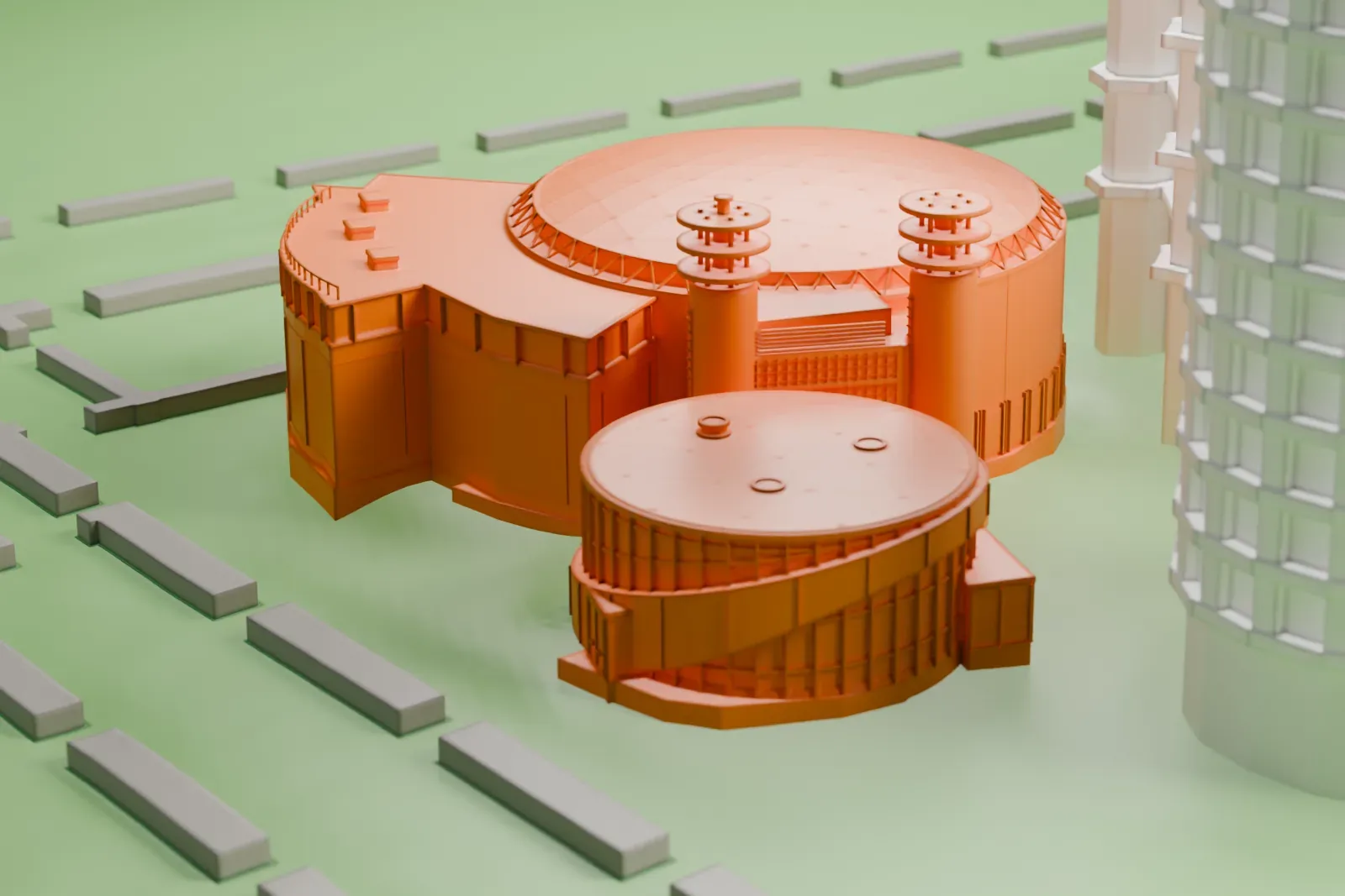A white 3D print of Queens Theatre, a round domed building beside a smaller round pavilion and two slim towers, on park lawns with large gray structures nearby.