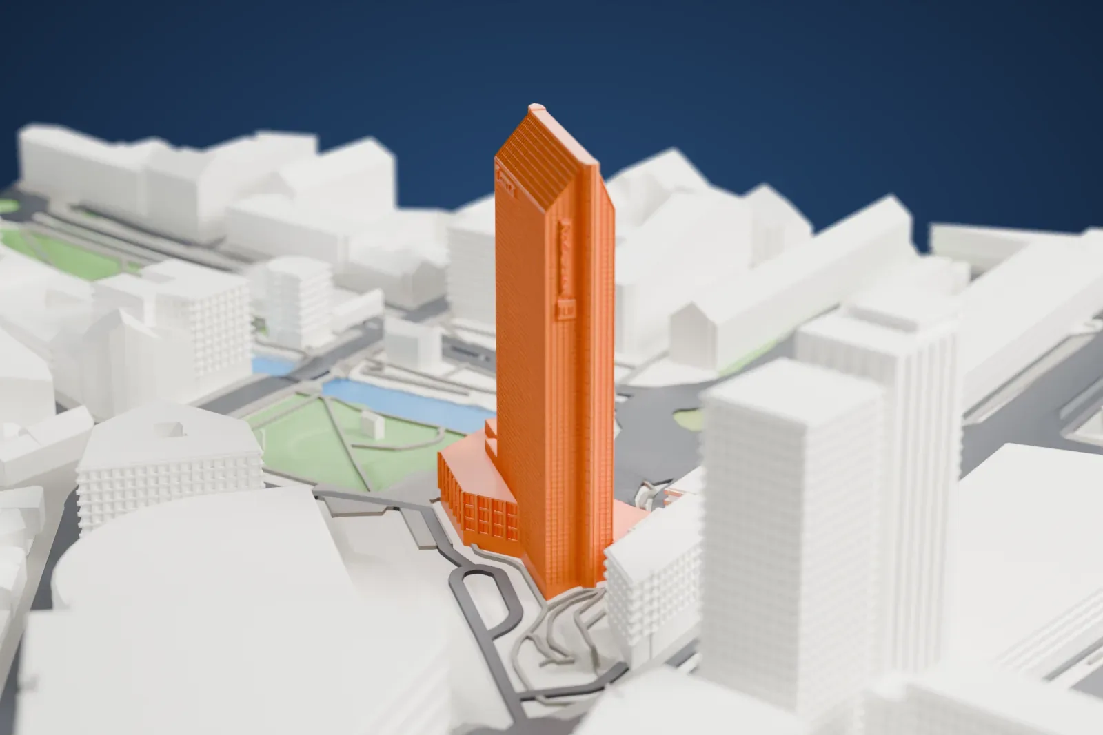 A white 3D print of the Radisson Blu Plaza Hotel, Oslo, a slender glass slab with a steep sloping crown and projecting glass lifts, among the streets and buildings of the city center.