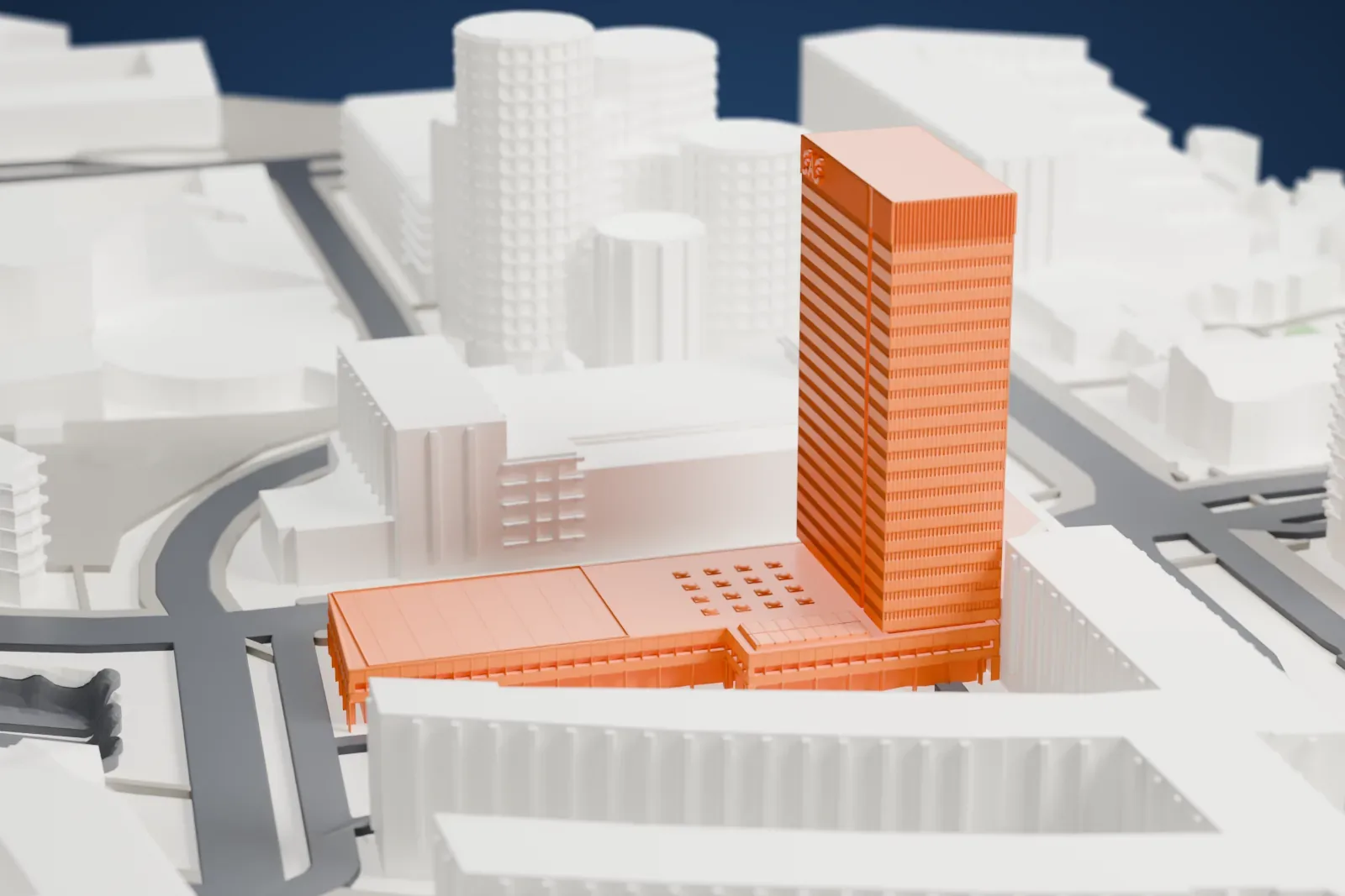A white 3D print of the Radisson Collection Royal Hotel, a tall slab tower rising from a low columned base, with surrounding streets and buildings.