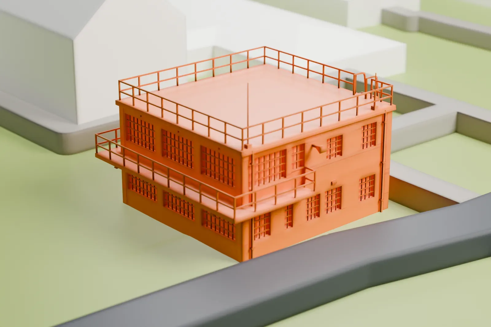 A white 3D print of the RAF Elvington control tower, standing among the surrounding airfield buildings.