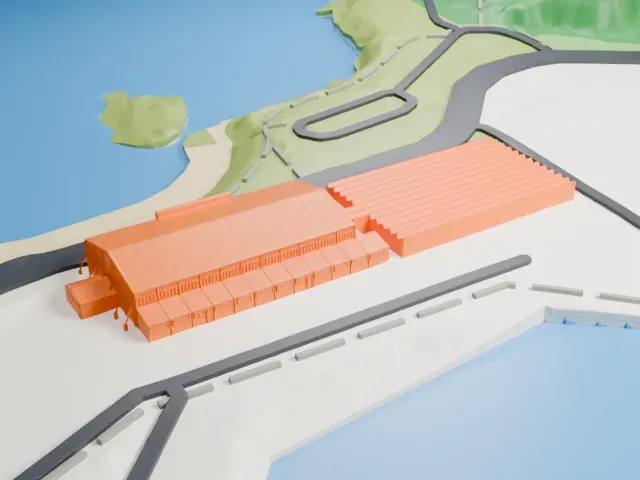 RAF Mount Batten flying boat hangars model, East view