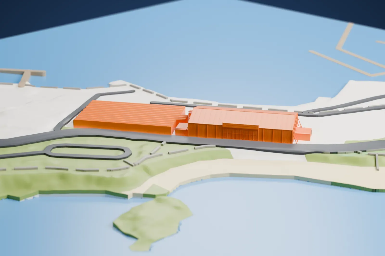 A white 3D print of an RAF Mount Batten flying boat hangar, a long gabled hangar with low side sheds, standing on a paved peninsula beside the water.