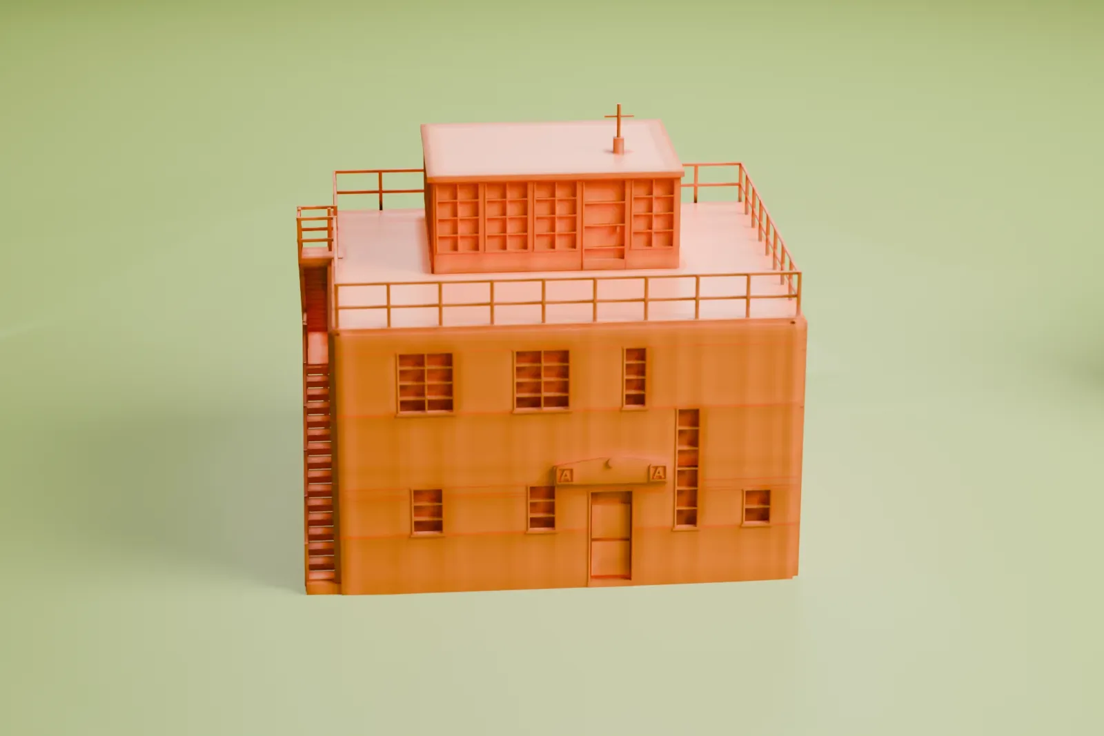 A white 3D print of the RAF Rougham control tower, a two-storey brick building with a flat roof, a rooftop cabin and an open balcony, among surrounding streets and buildings.