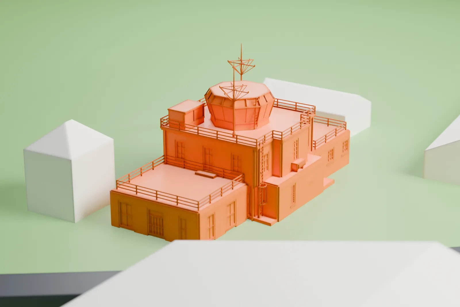 A white 3D print of the RAF Upper Heyford control tower, a two-storey brick tower with an octagonal glazed cab and low flanking wings, among surrounding streets and buildings.