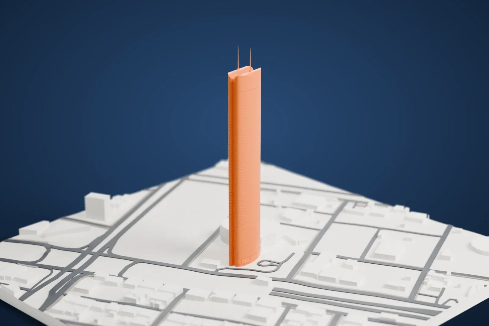 A white 3D print of Rafal Tower, a tall slender tower with a rounded profile and two thin spires, among surrounding streets and low buildings.