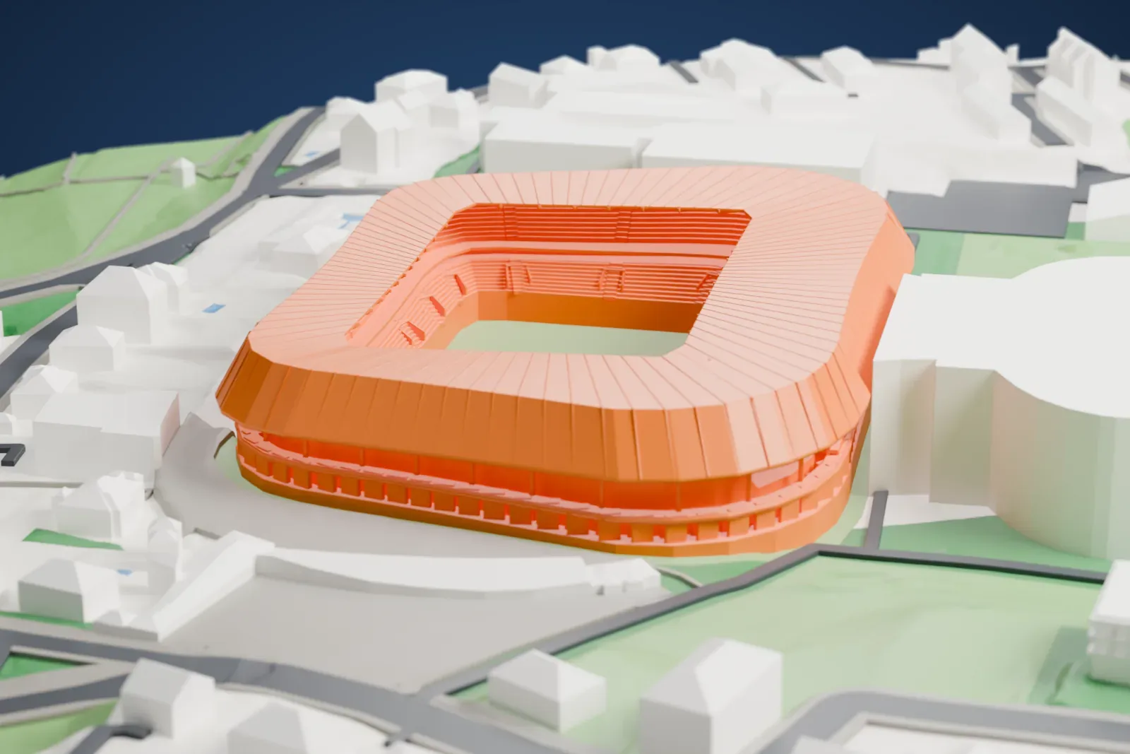 A white 3D print of Raiffeisen Arena, showing its steep stands and continuous roof around an open pitch.
