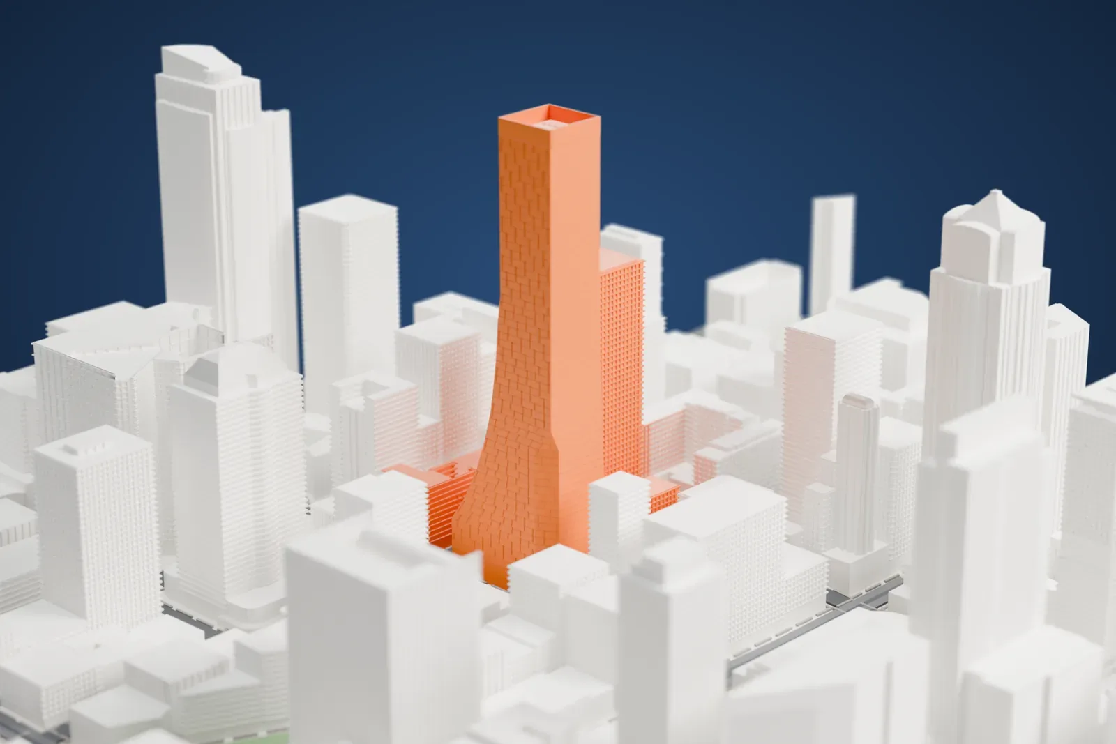A white 3D print of Rainier Square Tower, a tall slim skyscraper with a flat top, rising among dense downtown towers.