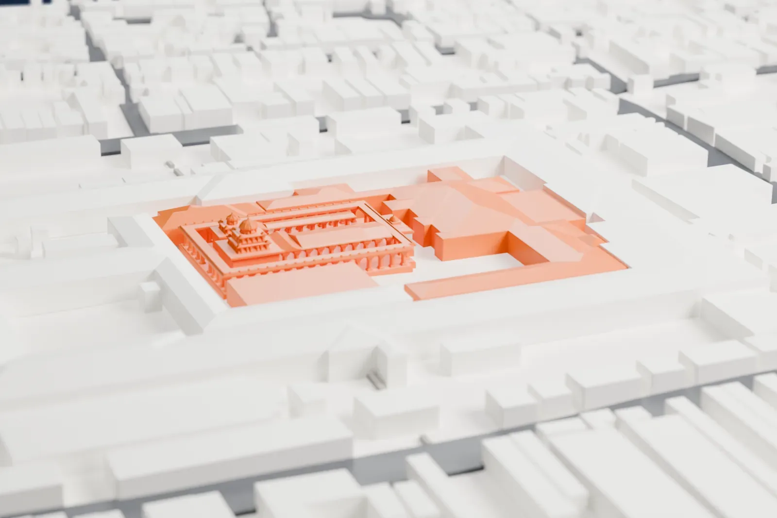 A white 3D print of Ramanathaswamy Temple, a rectangular compound of colonnaded corridors and small domes, surrounded by blocks of buildings.