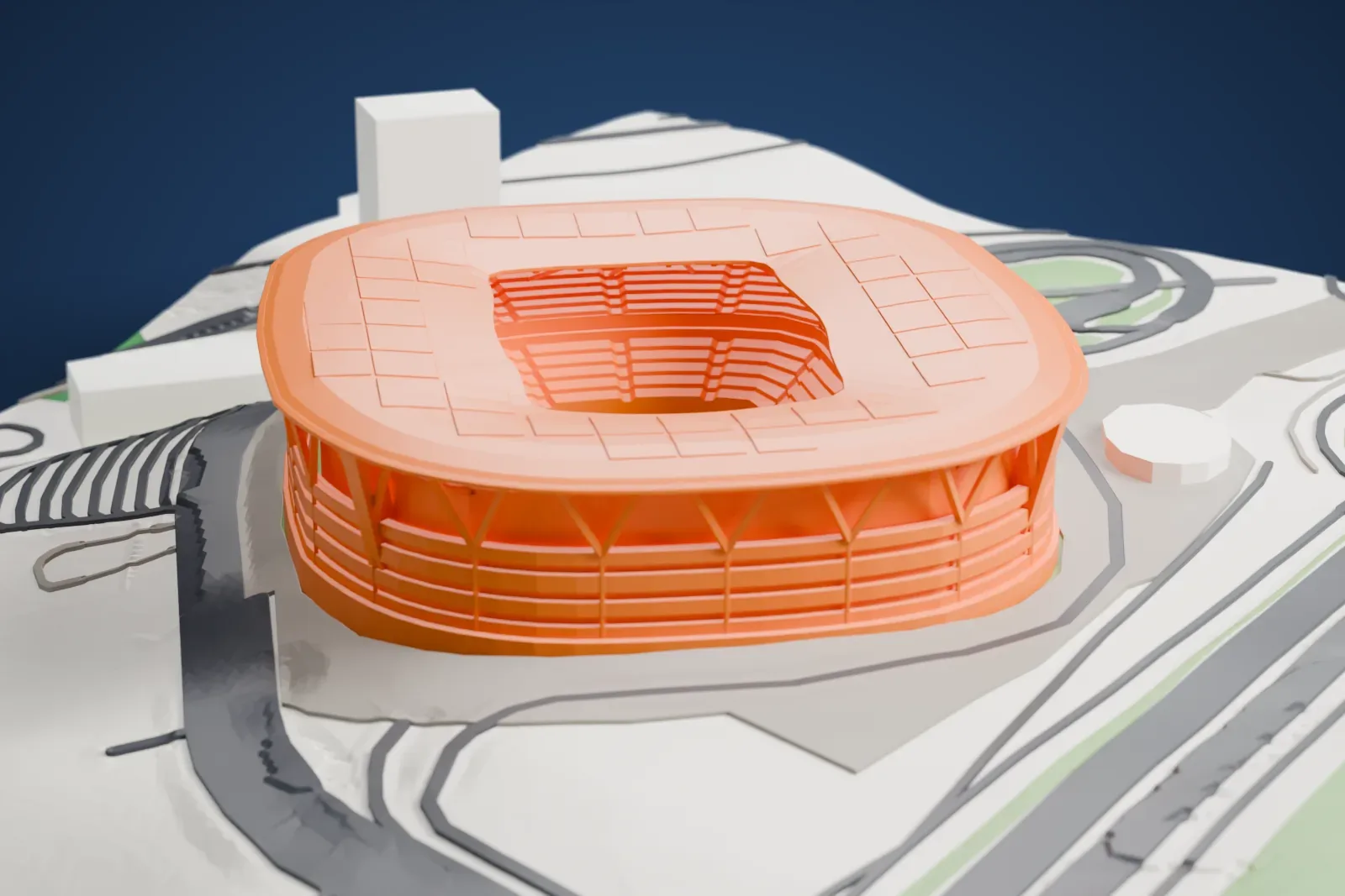 A white 3D print of Rams Park among the surrounding streets and buildings of the Seyrantepe quarter in Istanbul.