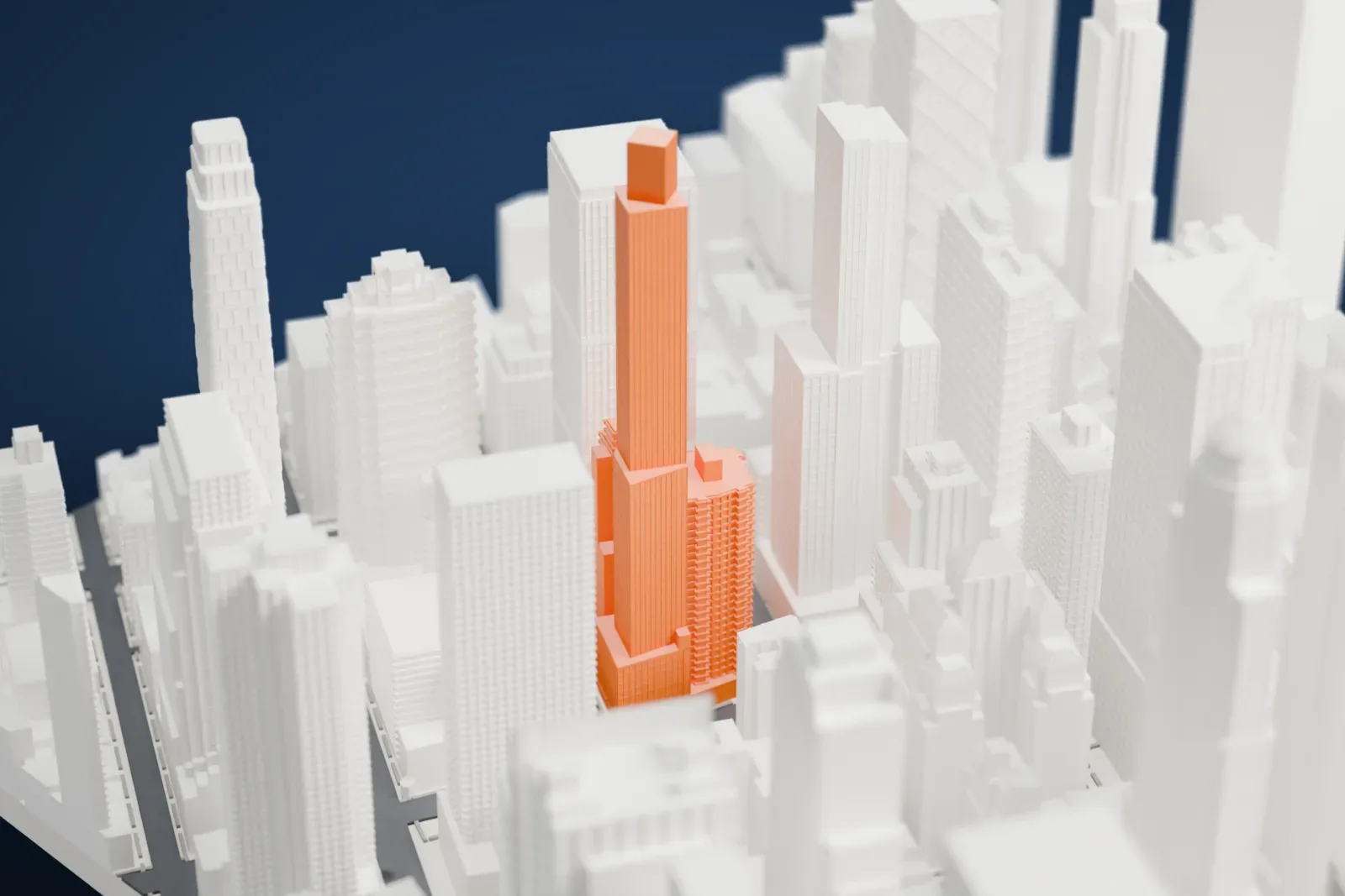 A white 3D print of Random House Tower, a tall tower with stepped setbacks near its top, standing among dense Midtown Manhattan skyscrapers.