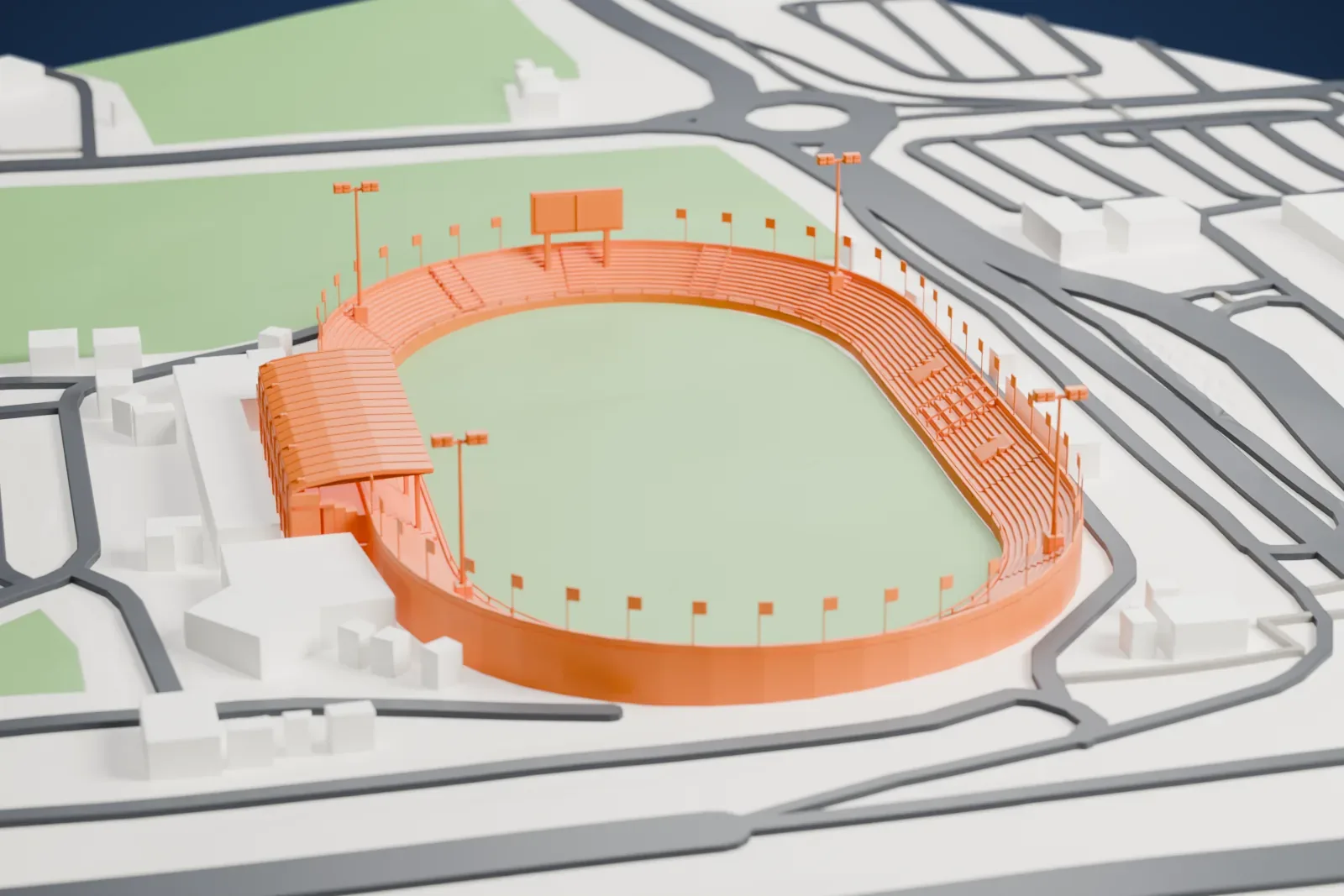 A white 3D print of Rashid Stadium, with its stands rising from the surrounding streets and buildings of Dubai.