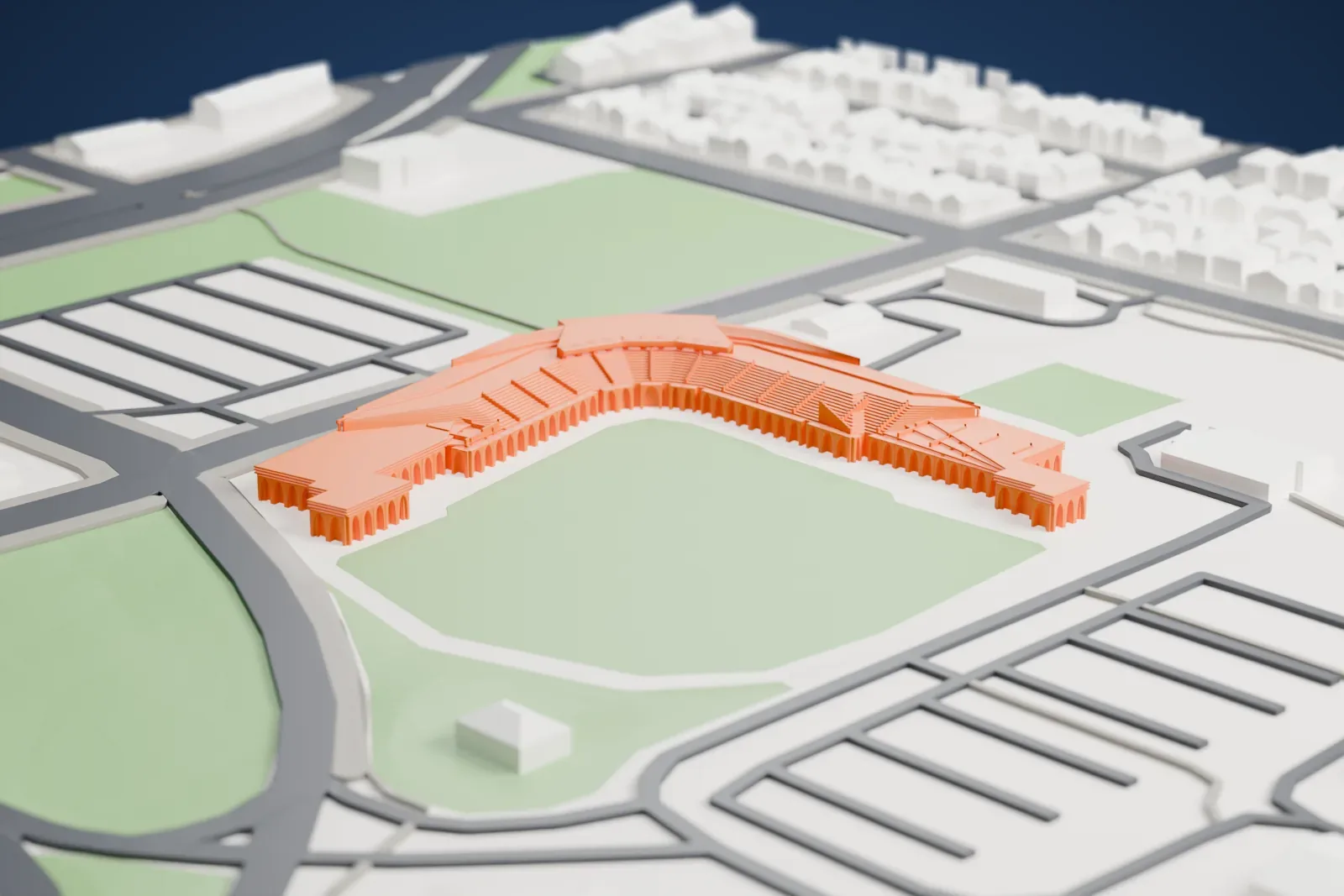 A white 3D print of RE/MAX Field among the surrounding streets and buildings of Rossdale, Edmonton.