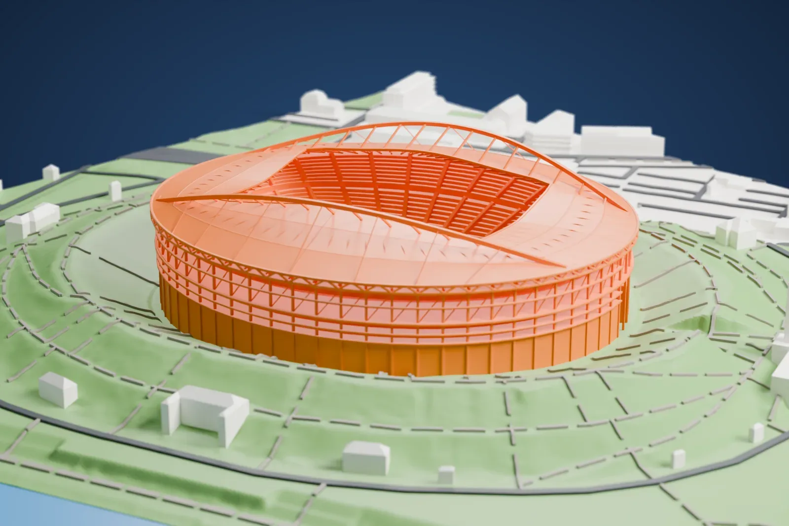 A white 3D print of Red Bull Arena, a huge oval bowl with a swooping roof, a thin arch over the opening and a ring of slim columns, standing on a grassy rise with paths and a few buildings around it.