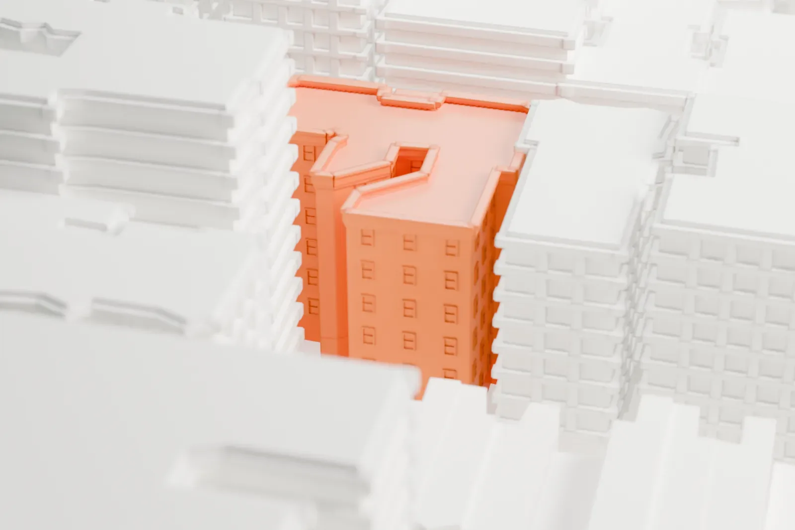 A white 3D print of the Red House, an ornate building with an open notch in its roofline, closely surrounded by taller buildings.
