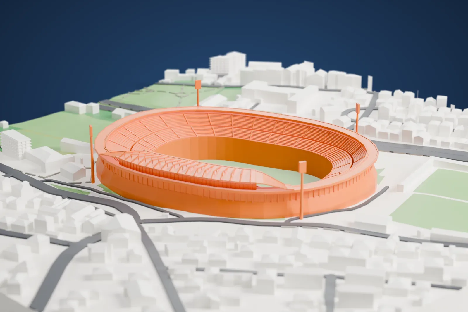 A white 3D print of Red Star Stadium, an oval bowl with a canopy over the back rows, a taller trussed roof over one side and masts at the corners, among the streets and buildings around it.