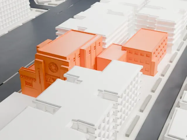 Rego Park Jewish Center model, West view